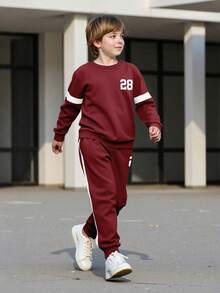 男童春秋長袖運動衫與長褲2件套，28印花，簡約休閒時尚套裝 - 紅色 - 查看 2