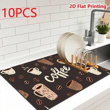 1/10pcs Coffee Cup Printed Dish Drying Mat For Kitchen Counter, Heat Resistant Drainer Mats With Non-Slip Rubber Backed, Hide Stain Kitchen Super Absorbent Draining Mat, Easy To Clean Dish Rack - Grey - View 16