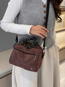 Women's Casual Shoulder Sports Bag Crossbody Bag, Easy-To-Care-For Fabric, Easy To Clean, Plaid Material, Multi-Layer Zipper Large Capacity Handbag - Coffee - View 4