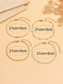 Set Gelang Kaki Rantai Halus Emas Gaya Prancis 4pcs/Set dengan Mutiara Imitasi dan Berlian Imitasi Bentuk Belah Ketupat, Perhiasan Kaki Wanita yang Modis dan Serbaguna, Cocok untuk Pemakaian Sehari-hari, Liburan, Kencan, dan Pesta, Rantai Buatan Tangan Dipotong Sesuai Panjang dengan Jumlah Mata Rantai yang Bervariasi - MultiWarna - View 4