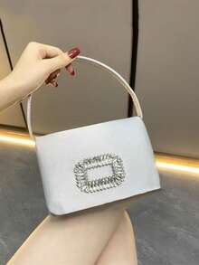 Vintage Textured Lychee Grain PU Handheld Bowling Bag, Autumn/Winter Versatile Fashion Women's Work Commute Crossbody Pillow Bag - Silver - View 4
