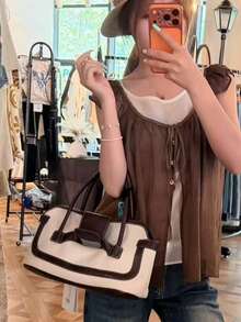 Tas Bahu Kanvas Colorblock Desain Niche Gaya Korea, Tas Tote Kain Ringan Kapasitas Besar untuk Perjalanan Singkat, Bepergian, Perjalanan Harian, Jalan-jalan, Belanja Sehari-hari, Tas Genggam untuk Wanita - Chocolate Brown - View 3
