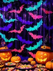 1pc 1*2m Fluorescent Bat Rain Curtain, Halloween Theme Party Backdrop, Glows Under Fluorescent Light, Party Decoration, Suitable For Holiday Party And Celebration Decor, Halloween, Create Festive Atmosphere - Multicolor - View 7