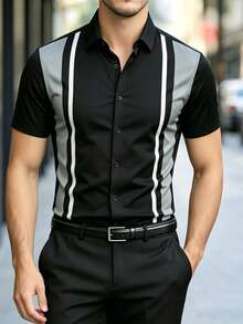 Luxury Contrast Color Vertical Striped Patchwork Shirt, Men's Slim Fit Short Sleeve Office Top - Multicolor - View 2