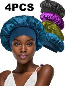 CONFLASS 4pcs/Set Women's Solid Color Wide Band Elastic Silky Satin Sleep Cap, Casual Comfortable Fashion Hair Care Sleep Cap - Multicolor - View 13