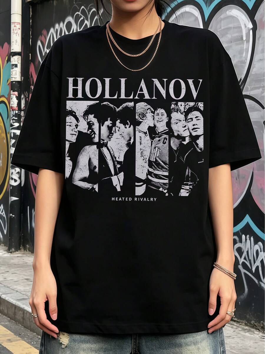 Hollanov Heated Rivalry Hockey Romance Retro Fan Artwork. Soft Fabric T-Shirt For Everyday Wear. - 黑色 - 查看 1