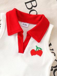 2pcs Set Baju Bayi Perempuan Lucu Polo Kerah Merah Tank Top Putih Bergaris & Rok Denim, Tipis untuk Musim Panas - Putih - View 3