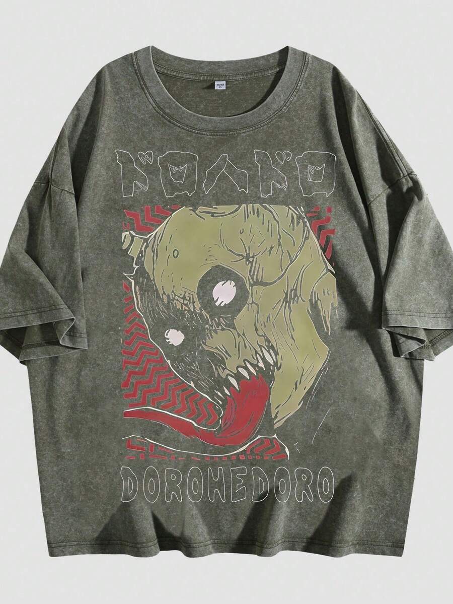 Women's Loose-Fitting Cotton Summer T-Shirt, Dark Sleeve Graphic With Retro Japanese Lettering, Lightweight Men's T-Shirt For Urban Outings And Meetings - 綠色 02 - 查看 1