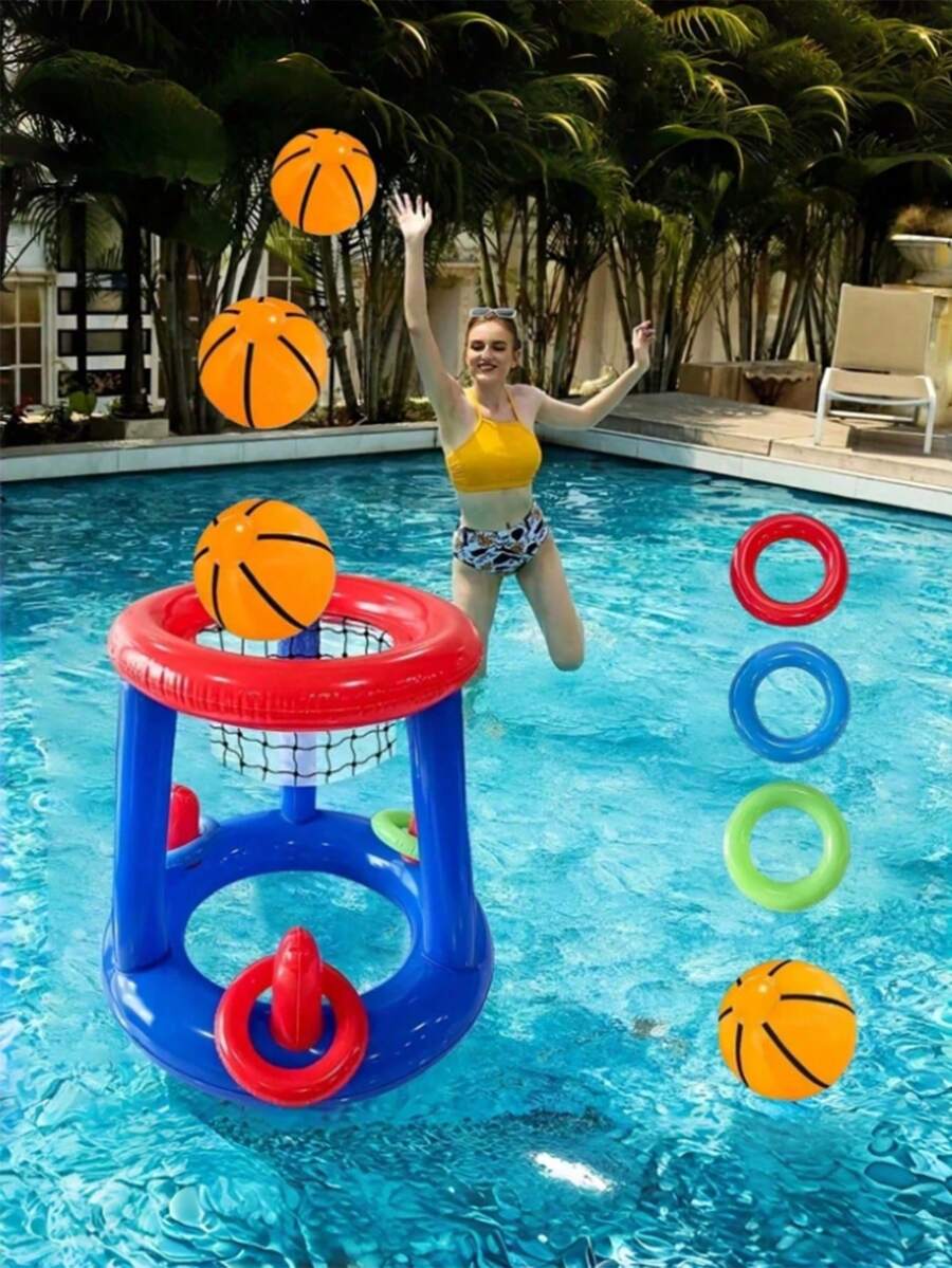 5pcs Portable Inflatable Basketball Hoop Set For Pool Party, Inflatable Water Basketball Hoop With Ball, Pool Supplies, Suitable For Adult Family Entertainment, Outdoor Leisure, Summer Party, Beach, Lake, Water, Pool Inflatable Toy, Beach Essential, Pool Float - Multicolor - View 1