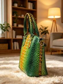 Elegant Crocodile-Embossed Handbag - Opulent Gradient Vintage Style - Spacious Women's Purse With Durable Top Handle - Ideal For Everyday - 7#黃+綠 - 查看 4