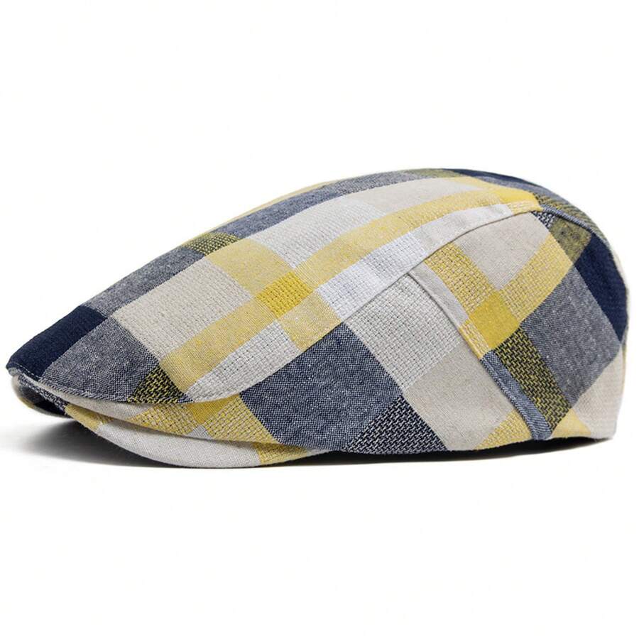Vintage Tartan Plaid Linen Flat Cap Men Lightweight Breathable Check Ivy Gatsby Hat Casual Outdoor Driving Newsboy Cabbie Beret Cap - 黃色-花格 - 查看 1