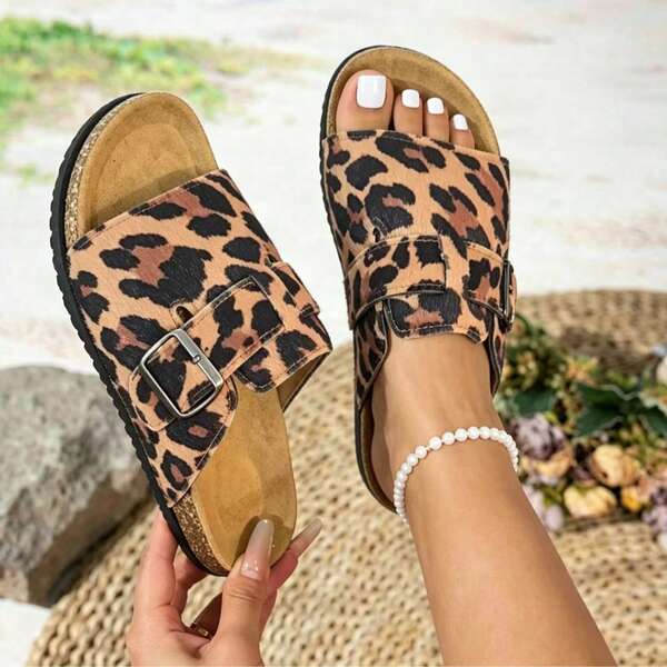 New Plus Size Women's Comfortable Minimalist Round Toe Open Toe Hollow Animal Print Personalized Original Flat Slide Sandals With Metal Buckle, Casual Fashion Outdoor Vacation Beach Summer Shoes (Lighting Issue, Slight Color Difference)