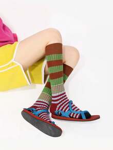1/4 Pairs Vintage Striped Compression Calf Socks, Women's Fashion Color-Block Long Socks, Slimming Barn Style Y2K Outfit, Pairs With Leather Shoes, Boots, Sandals, Suitable For Various Occasions - Multicolor - View 4