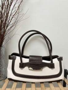 Tas Bahu Kanvas Colorblock Desain Niche Gaya Korea, Tas Tote Kain Ringan Kapasitas Besar untuk Perjalanan Singkat, Bepergian, Perjalanan Harian, Jalan-jalan, Belanja Sehari-hari, Tas Genggam untuk Wanita - Chocolate Brown - View 6