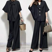 Women's Pantsuit, 2-Piece Set: Outerwear And Wide-Leg Pants, Top And Bottom Set, Shirt/Blouse, V-Neck, Short Sleeves, Back Ribbon, Back Slit, Summer Wear, Casual, Relaxed Fit, Figure-Flattering, Slimming Effect, Cute, Adult, Summer - 黑色 - 查看 1
