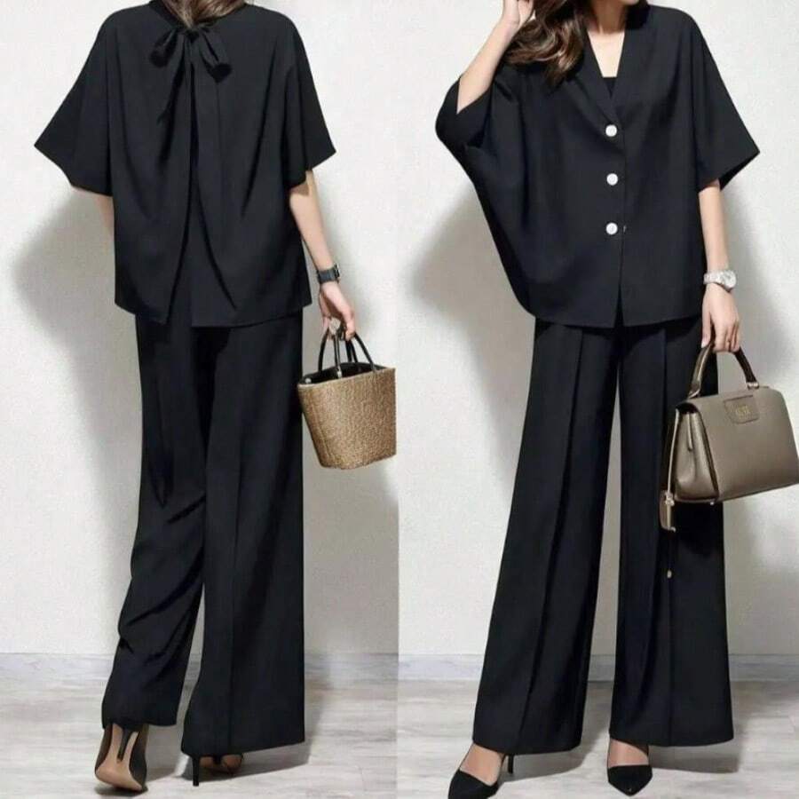 Women's Pantsuit, 2-Piece Set: Outerwear And Wide-Leg Pants, Top And Bottom Set, Shirt/Blouse, V-Neck, Short Sleeves, Back Ribbon, Back Slit, Summer Wear, Casual, Relaxed Fit, Figure-Flattering, Slimming Effect, Cute, Adult, Summer - 黑色 - 查看 1