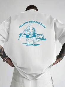 Camiseta de hombre con hombros caídos, adecuada para el surf de fin de semana y las vacaciones en la playa, con un diseño de estampado único, camiseta de hombre de corte holgado, ropa de hom - Blanco - Ver 3
