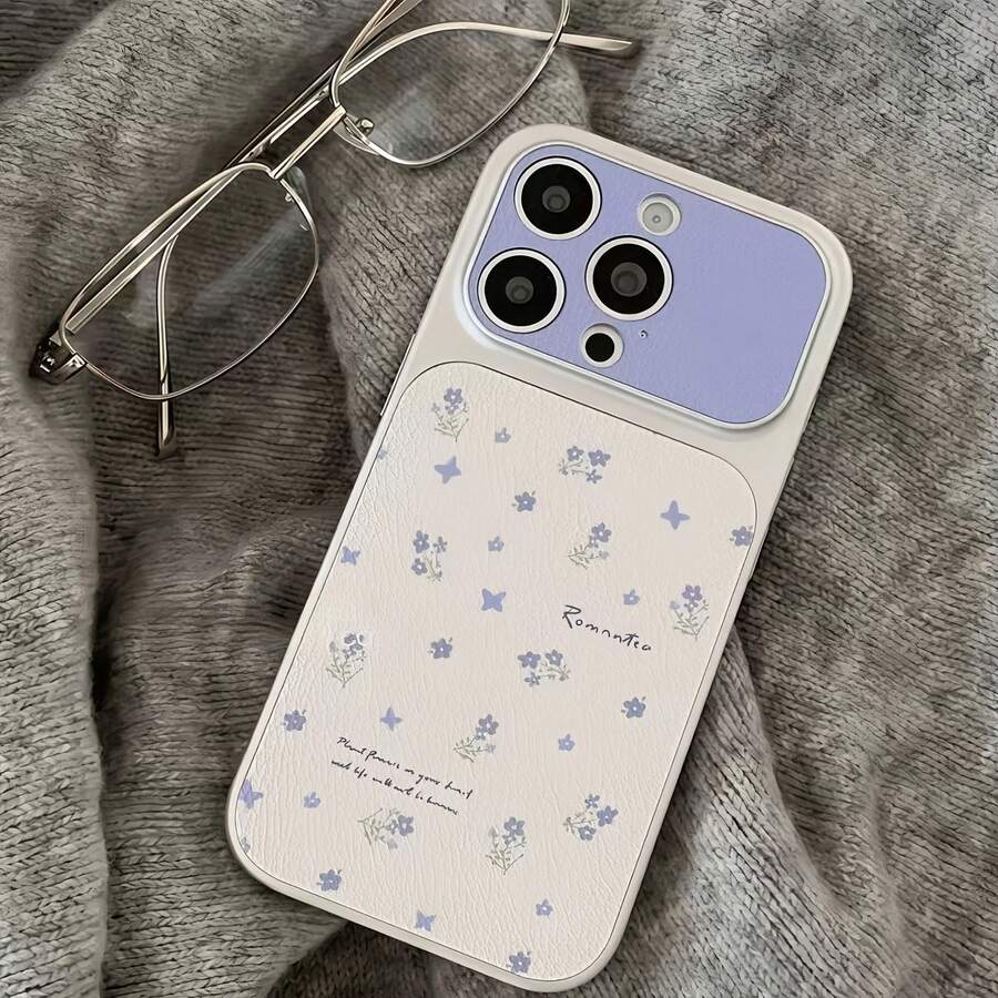 1pc Silver & Blue Color Block Floral Pattern Full Coverage Lens Protection Shockproof Anti-Collision Personalized Phone Case Compatible With IPhone 16 Pro Max/17/16/15/14 Plus/13/12/11 Air Protective Shell - Multicolor - View 1