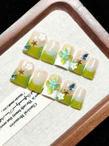 Press-On Fake Nails, Handmade Wearable Nails, Short Duck Shape, Nude With Green And White French Tips, Gradient Tie Dye Design, Hand-Painted Blue Stripes, Handmade 3D Green Floral Carving, Transparent Drag Design, White Pearls, 3D White Flowers And Gold Starfish Decoration, Rhombus Rhinestone Glitter, Fresh And Sweet Style, Exquisite And Elegant, Reusable - Lime Green - View 3