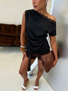 Women's Contrast Lace Ruffle Waist Shirt, Versatile Daily Wear Black - Black - View 12