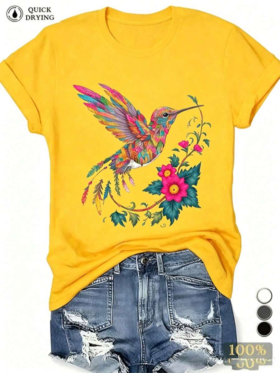 Women's Casual Cotton Round Neck Short Sleeve T-Shirt With Colorful Hummingbird Floral Graphic Print, Boho Style Regular Fit - 黃色 - 查看 1