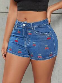 Y2K Cherry Embroidery Slant Pocket Stretch Casual Slim Fit Denim Mini Shorts, Summer Essential - Blue - View 1
