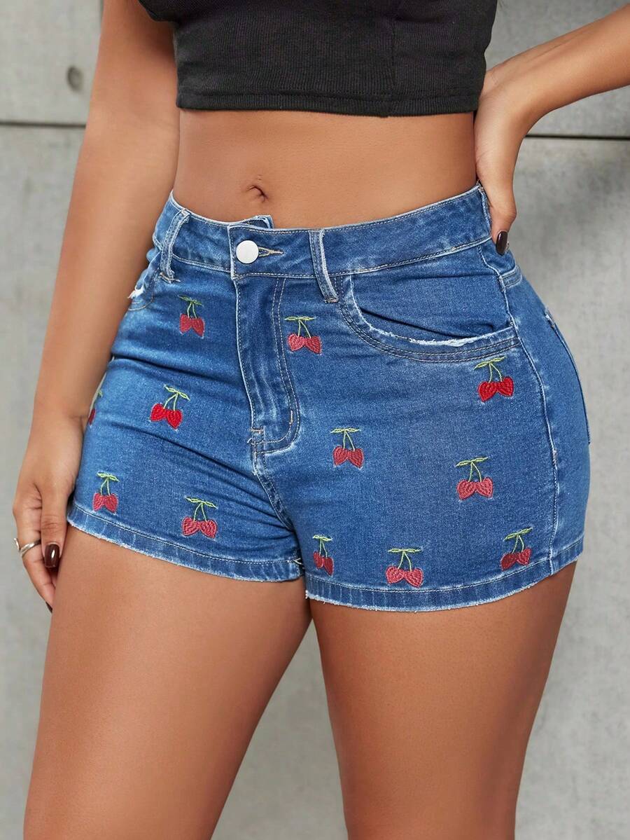 Y2K Cherry Embroidery Slant Pocket Stretch Casual Slim Fit Denim Mini Shorts, Summer Essential - Blue - View 1