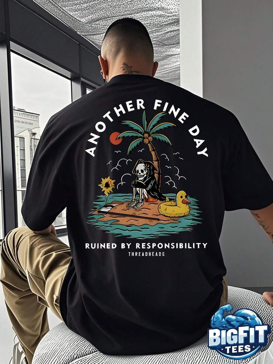 Camiseta Gráfica Oversize para Hombre - Divertida Escena de Playa con la Parca (Palmeras, Sol, Pato de Goma), con el eslogan Otro Buen Día Arruinado por la Responsabilidad, camiseta de ver - Negro - Ver 1
