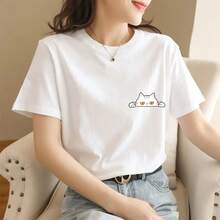 Loose Fit T-Shirt With Anime Cartoon Print - Cute Cat - View 1