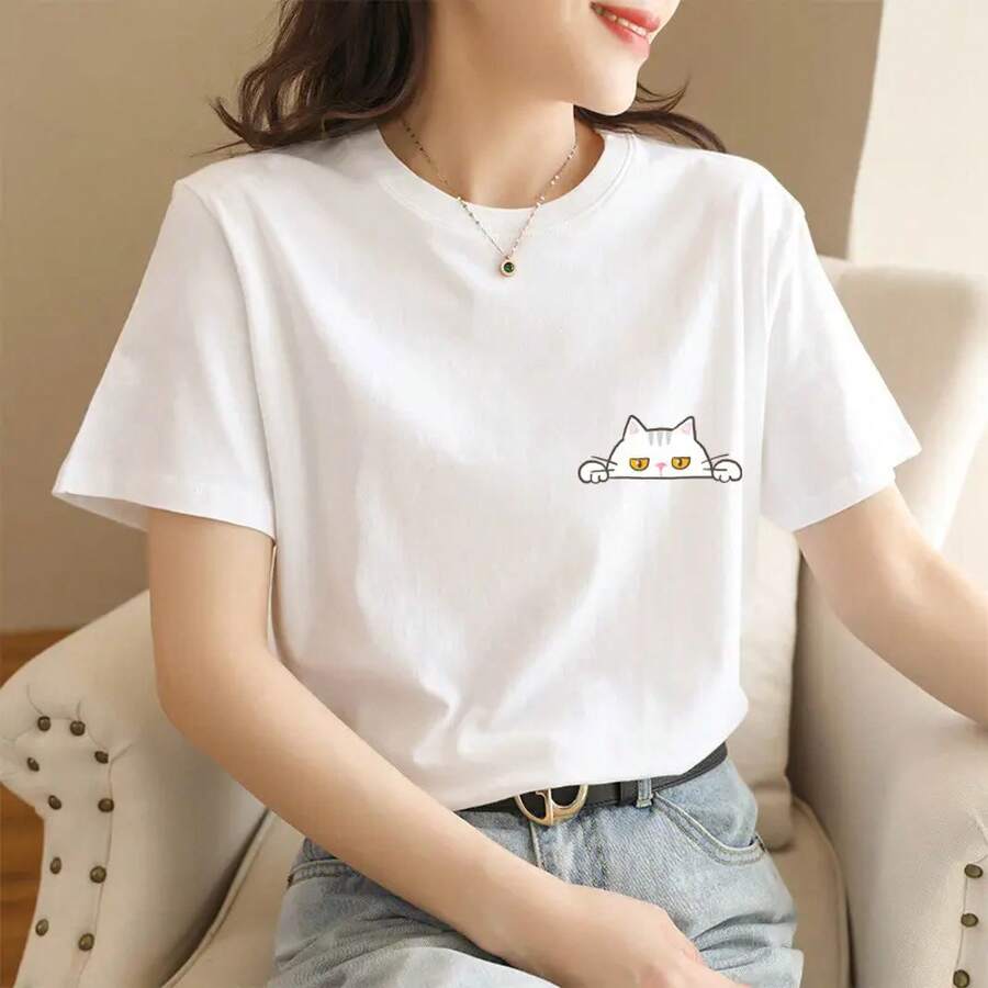 Loose Fit T-Shirt With Anime Cartoon Print - Cute Cat - View 1