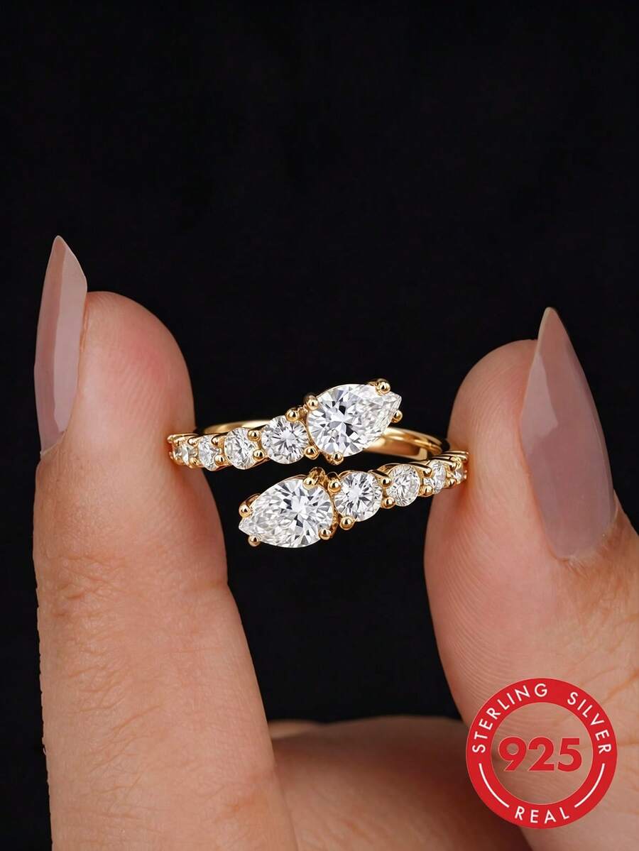 1pc Shiny Pear-Shaped Open Ring, 925 Sterling Silver, Elegant Luxurious Romantic Ladies Ring, Exquisite Unique Design, Adjustable, Suitable For Balls, Parties And Other Occasions, Delicate Jewelry Gift For Women - Pear Shaped Diamond Open Ring - View 1