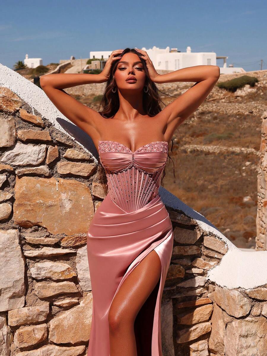 ADYCE Elegant Sequined Patchwork Sweetheart Neckline Strapless Pleated Handmade Diamond Studded Floor-Length Party Dress For Promvening Date Wedding Pink - Pink - View 1