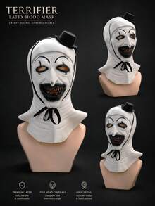 Gruselige Clown Latex Kopfmaske mit Mini Hut, Vollkopf Horror Kostümmaske, geeignet für Halloween Party Cosplay - A - Übersicht 7