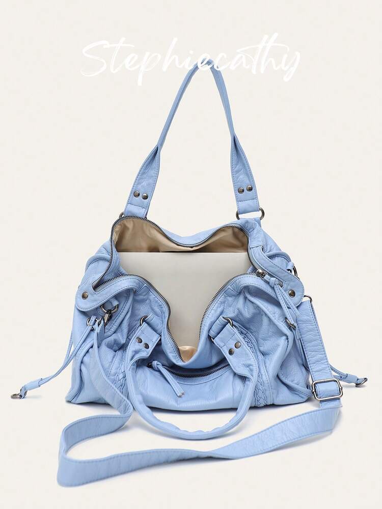STEPHIECATHY Women's Fashion Casual Cool Street Style Soft Brushed Washed PU Vegan Leather Zipper Closure Zipper Pocket Braided Decor Large Capacity 13 Inch Laptop Bag - Sky Blue - View 7