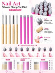 15pcs/11pcs/9pcs Nail Art Stamp Pen Set, Nail Art Stamp Includes Flower, Butterfly, Rose Nail Art Stamp Set, Freely Match Different Patterns To Create Personalized Nail Art, Durable And Resistant To Breakage Or Deformation. Paired With Silicone Nail Art Sculpting Pen, Nail Polish Carving Pen, Rubber Head Nail Brush, Suitable For Gel Nail Polish, Nail Art Stickers - Multicolor - View 4