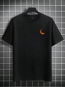 [Double Front And Back Design] Round Neck T-Shirt With Moon And Tree Design On The Front And Back,  Short Sleeves For Summer, Casual Style Top - 黑色 - 查看 3