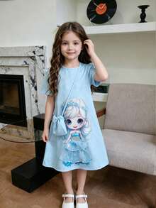 Young Girl' Fashionable Casual Cute Princess Pattern Print Mesh Decor Dress + Adorable Gift Bag - Baby Blue - View 2