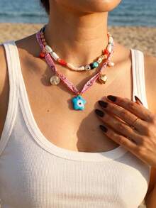 Collier pendentif en verre style bohème pour femmes, chaîne de clavicule tressée de perles faite à la main de qualité supérieure, convient pour les rassemblements, les fêtes, les vacances, ras-du-cou à la mode et polyvalent pour femmes - collier - Voir 3