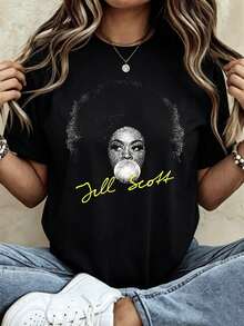 Camiseta de estilo casual para mujer a la moda, diseño con retrato y firma de Jill Scott, ideal para uso diario y para amantes de la música, regalo perfecto. - Negro - Ver 1