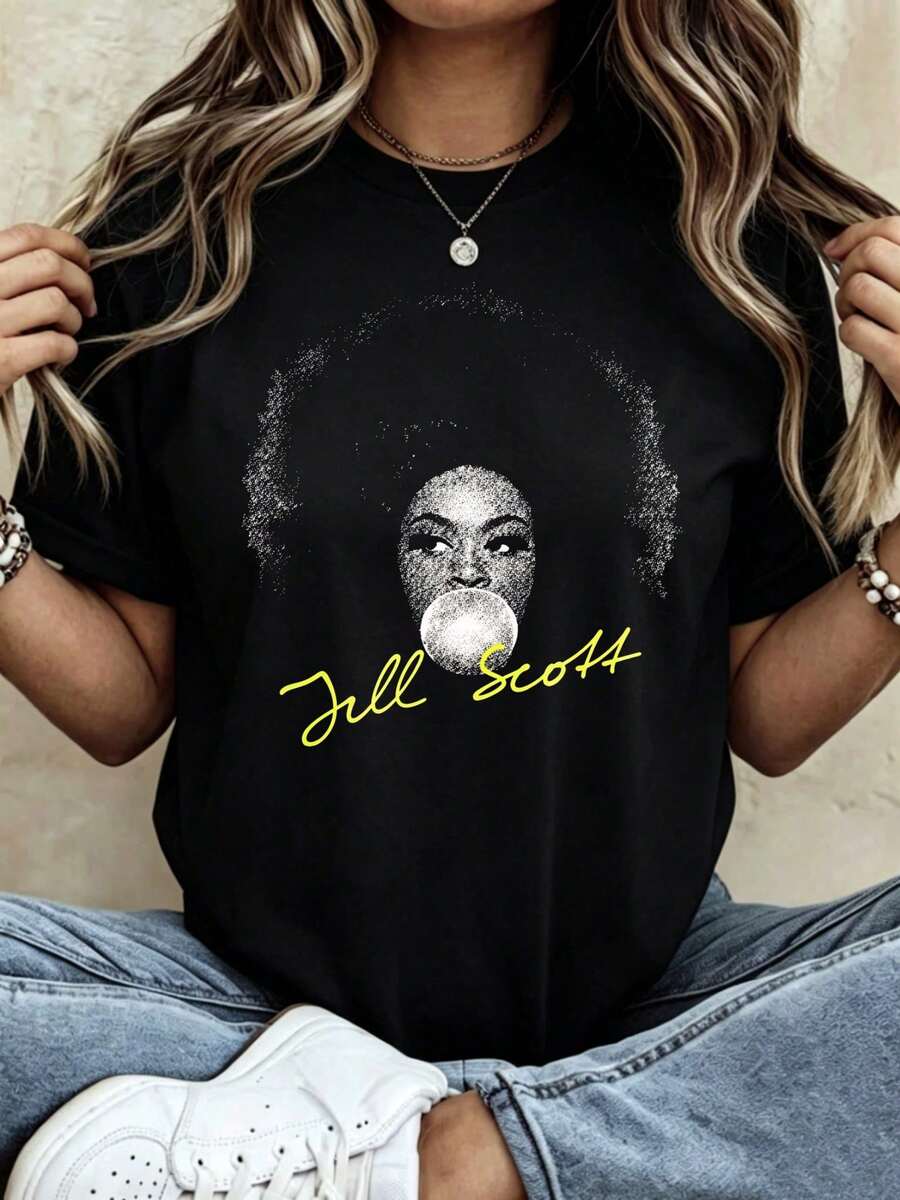 Camiseta de estilo casual para mujer a la moda, diseño con retrato y firma de Jill Scott, ideal para uso diario y para amantes de la música, regalo perfecto. - Negro - Ver 1