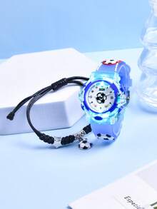 2pcs Boys Gift Set Silicone Strap Soccer Sports Watch Creative Design LED Luminous Student Quartz Wristwatch Adjustable Braided Rope Soccer Bracelet - Blue - View 7