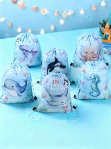6入海洋動物主題抽繩袋，束口小袋，禮品包裝用品，禮品包裝袋，生日派對用品，兒童生日禮物，零食收納袋，派對袋，糖果袋，派對袋填充物，嬰兒派對裝飾，派對伴手禮，派對禮物 - 海洋動物 - 查看 4