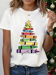 Nuevos conjuntos de verano para mujer, camisetas gráficas para mujer, camiseta con estampado gráfico de árbol de Navidad. - Blanco - Ver 1