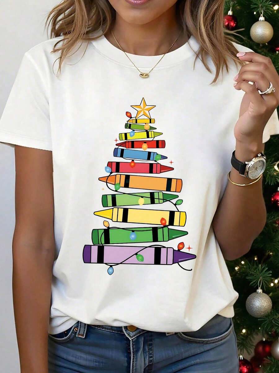 Nuevos conjuntos de verano para mujer, camisetas gráficas para mujer, camiseta con estampado gráfico de árbol de Navidad. - Blanco - Ver 1