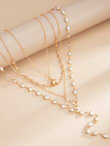 Fashionable Pearl-Like Fringed Collar Chain. Creative Hollowed-Out Five-Point Star Y-Shaped Layered Collar Chain. - Necklace Set - View 5