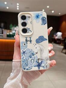 1pc Customizable Initial & Name Phone Case With Fresh Blue & White Watercolor Western Cowboy Horse Pattern Design, Compatible With IPhone 17 Pro Max/17 Air/16E/16 Pro Max/15/14 Plus/13/12/11, S24/20 Ultra/A52S/A31A21S/A13/A05S, Note 13 Pro Plus/Note 10/Note 12C/Note 13C, Made Of TPU Material, Fashionable Personalized Shockproof, Minimalist Yet Textured Design, Suitable For Users Who Love Horse Elements Or Seek Personalized Phone Accessories - White - View 6