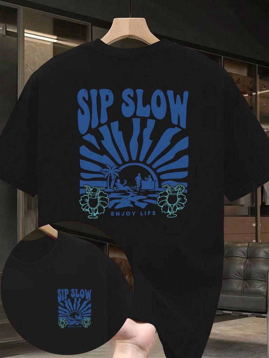 Camiseta de hombre de talla con estampado de ilustraciones estilo vacacional SIP SLOW ENJOY LIFE, diseño de estampado a doble cara unisex, adecuada para el uso diario casual de los en - Negro - Ver 1