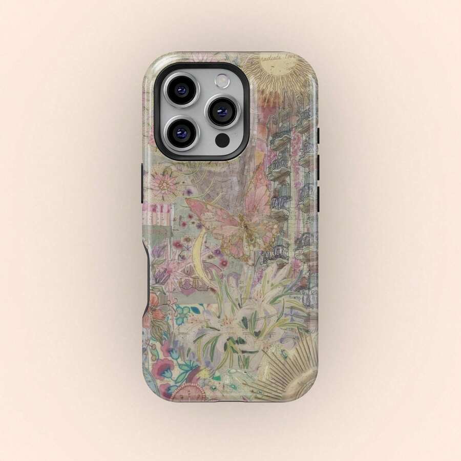 Una elegante funda para teléfono que no incluye cordón ni soporte Shockproof Design Retro & Floral Pattern Phone, 70s Floral Collage Boho Style, Fit 17 16 15 14 Plus 13 12 11 Pro Spring - Multicolor - Ver 1