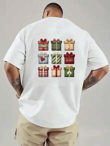 Camiseta de hombre con hombros caídos, caja de regalo, regalo navideño con estampado de doble cara, camiseta de hombre de corte holgado, ropa de hombre de estilo moderno y actual, camiseta d - Negro - Ver 8