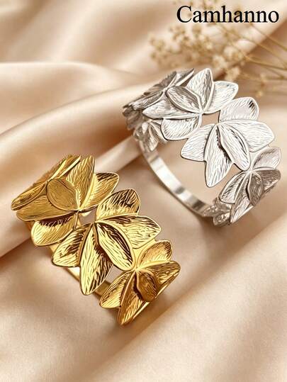 Camhanno 1/2pcs 18k Gold-Plated Gold & Silver Stainless Steel Petal Patchwork Bracelet, Fashion Versatile Casual Elegant Classic Chunky Jewelry, Suitable For Women, Socializing, Gifting, Engagement, Holiday Gifts, Daily Wear